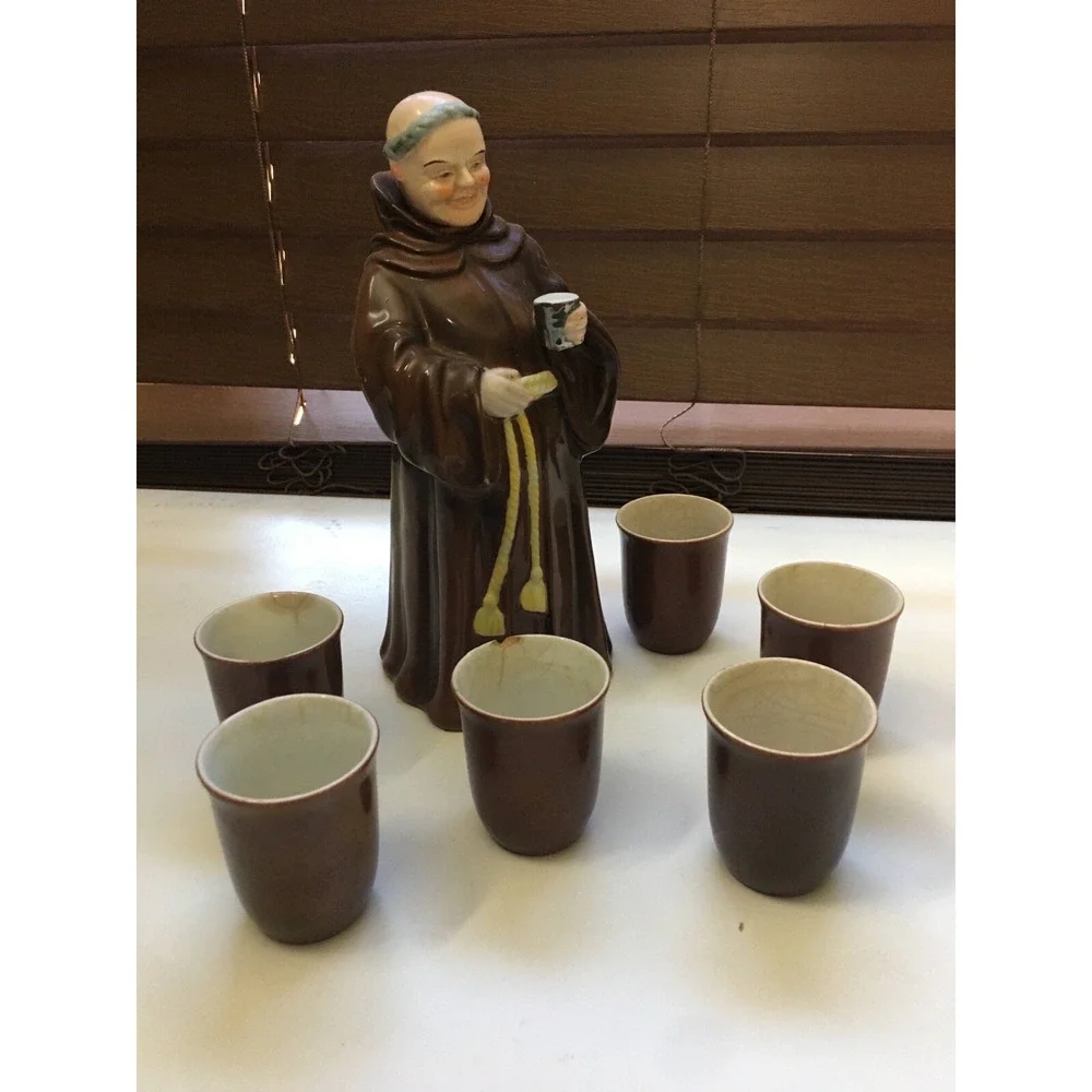 Antique 1940s Monk Wine Decanter Set Ceramic With 6 Cups Japan MCM Barware Brown